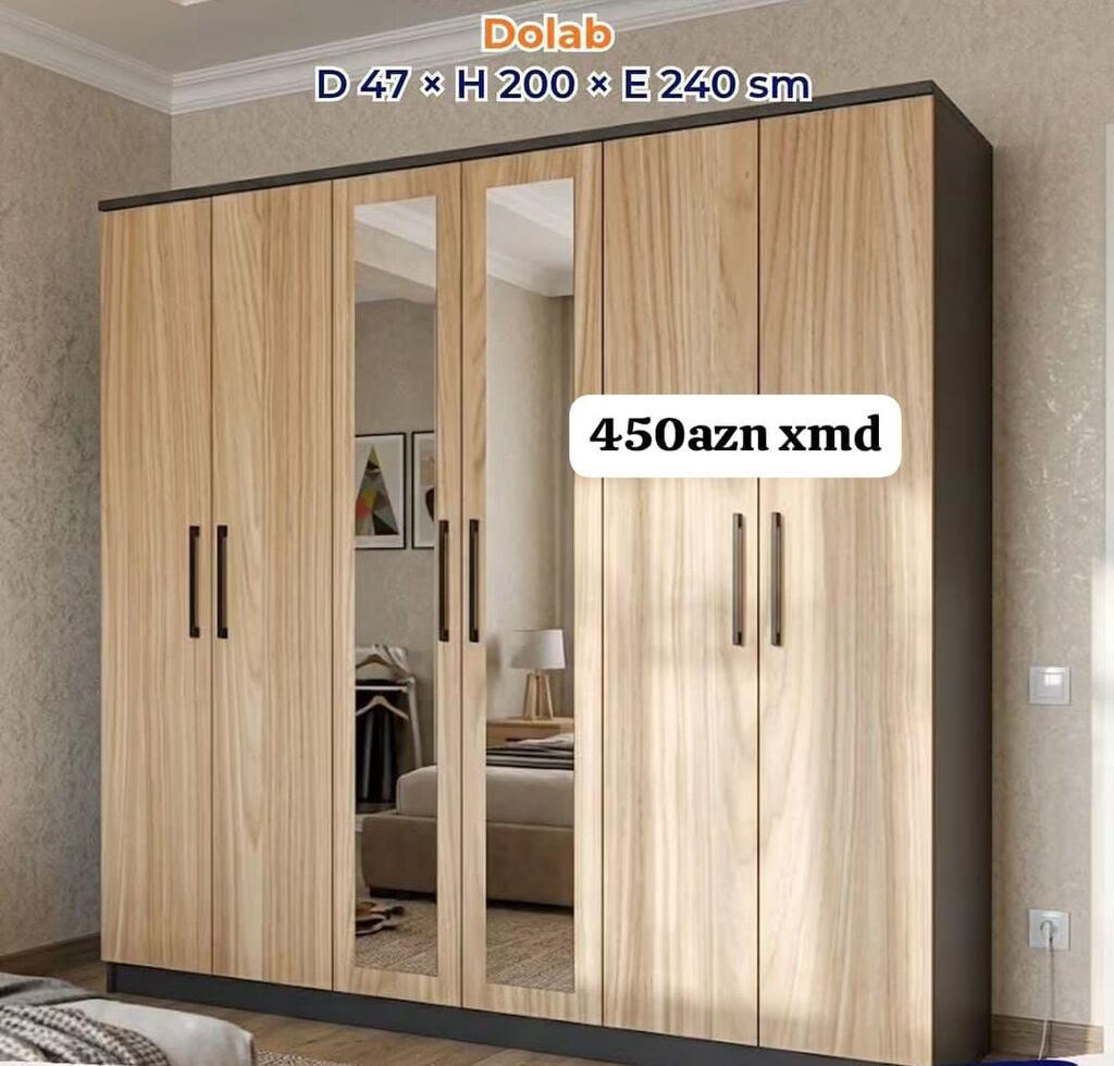 Dolab – 6 qapılı, güzgülü model Ölçülər: Dərinlik 47 sm × Hündürlük — Mebel, Bakı