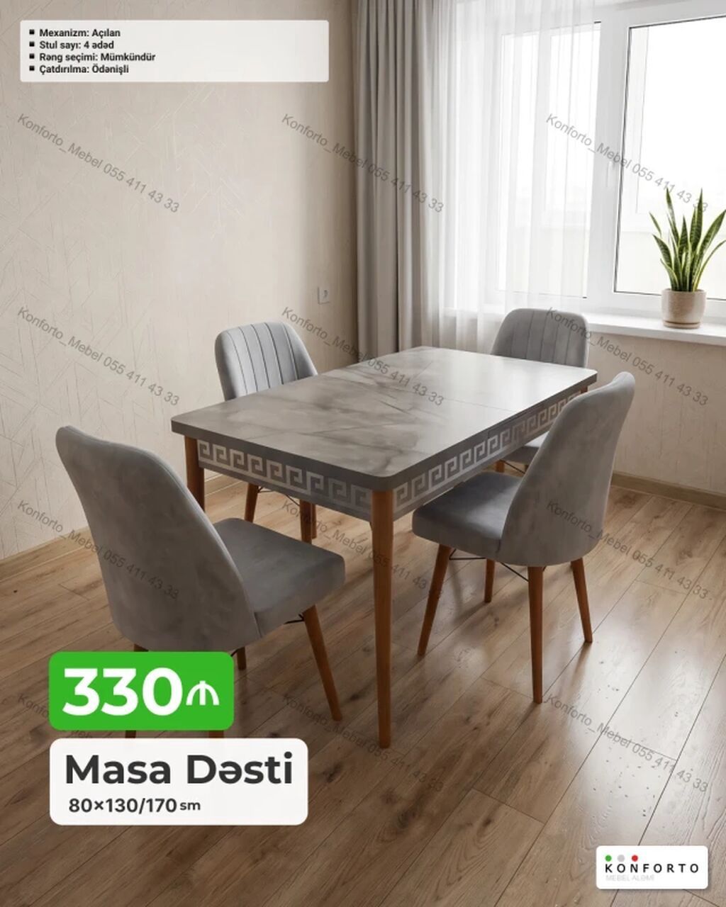 Masa Dəsti – 80×130/170 sm - Açılan mexanizmli yemək masası: qapalı