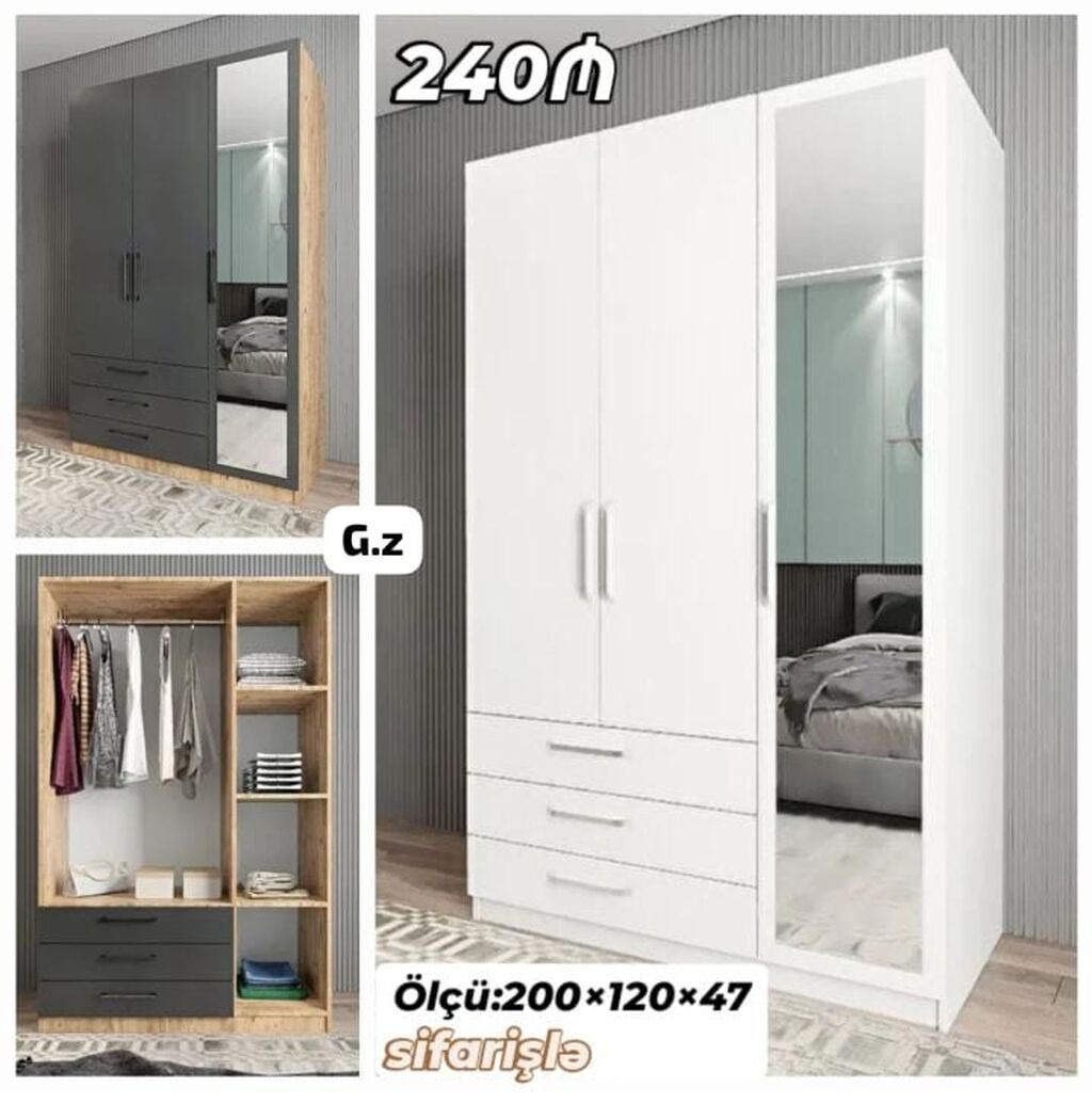 Üç qapılı paltar şkafı – güzgülü model - Ölçü: 200 × 120 × 47 sm