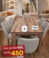 Açılan masa və 6 ədəd yumşaq oturacaqlı dəst. - Masa: taxta — Mebel