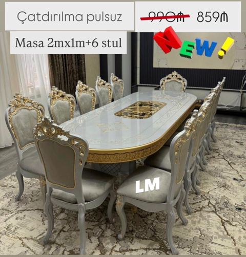 Məhsul: Klassik üslublu yemək dəsti — Tərkibi: 1 ədəd masa (2 m x 1