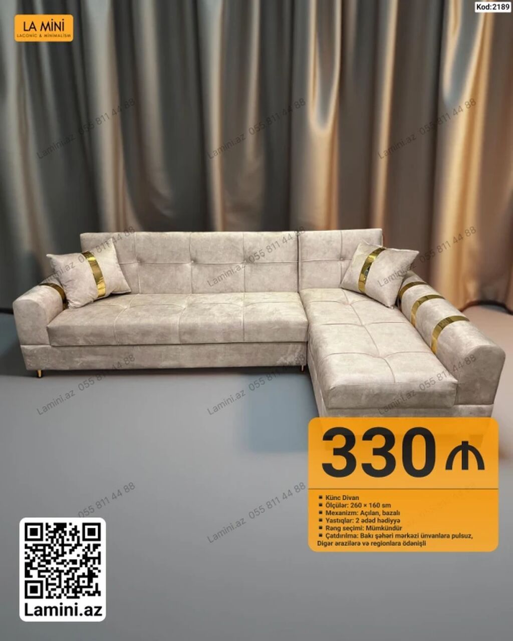 La Mini – Künc Divan (Kod: 2189) - Ölçülər: 260 × 160 sm - Mexanizm