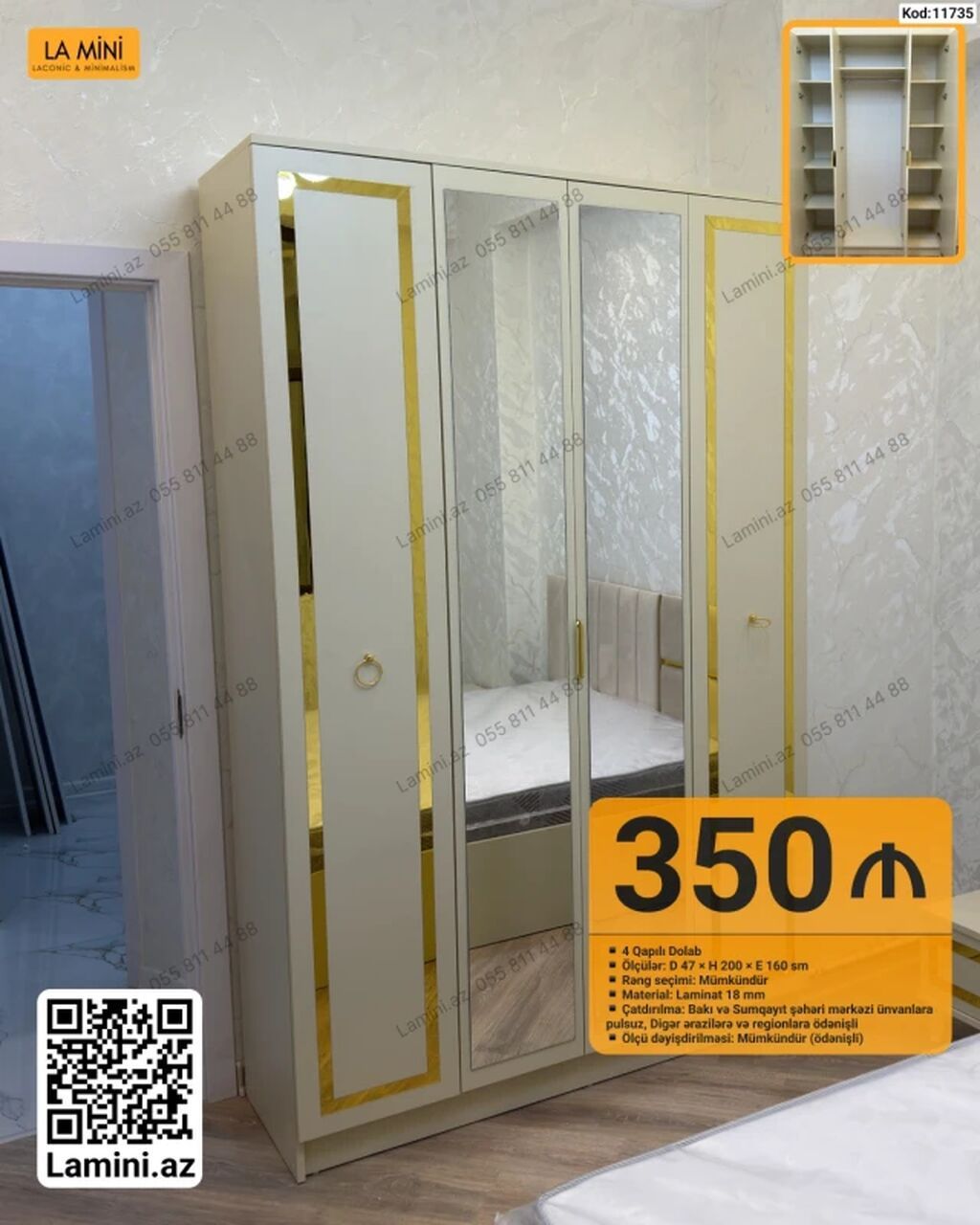 - Məhsul: 4 qapılı dolab (Kod: 11735) - Ölçülər: Dərinlik 47 sm × — Mebel, Bakı