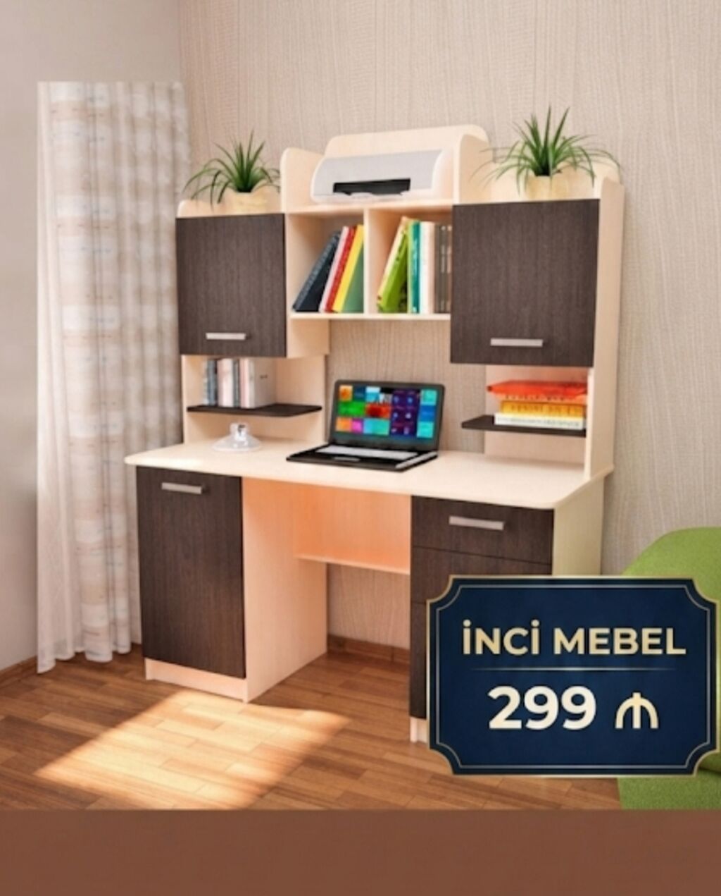 İş masası və üst şkaflı modul – İnci Mebel - İki rəng kombinasiyası