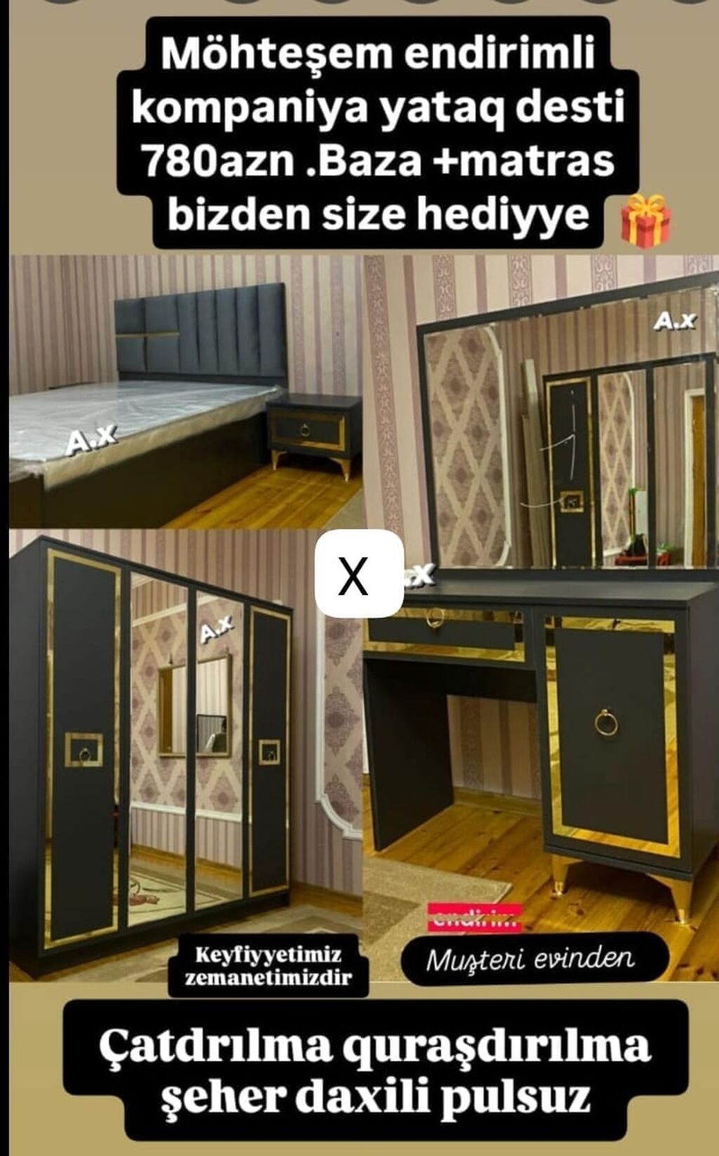 Yataq otağı üçün zövqlü və müasir mebel dəsti. Dəstə çarpayı, matras