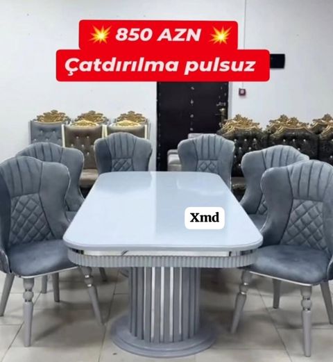 Yemək otağı dəsti – 1 masa + 6 stul • Rəng: açıq boz/gümüşü tonlarda