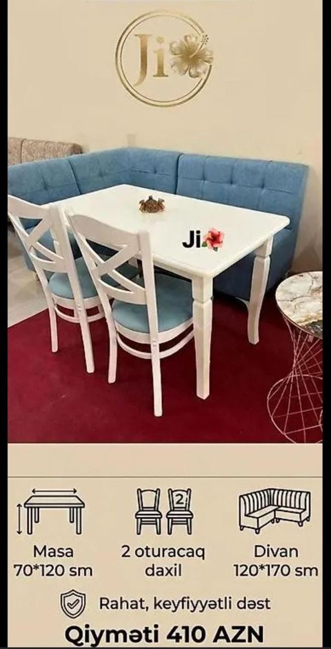 Mətbəx künc dəsti Tərkibi: - Masa: 70×120 sm, ağ rəngli, klassik