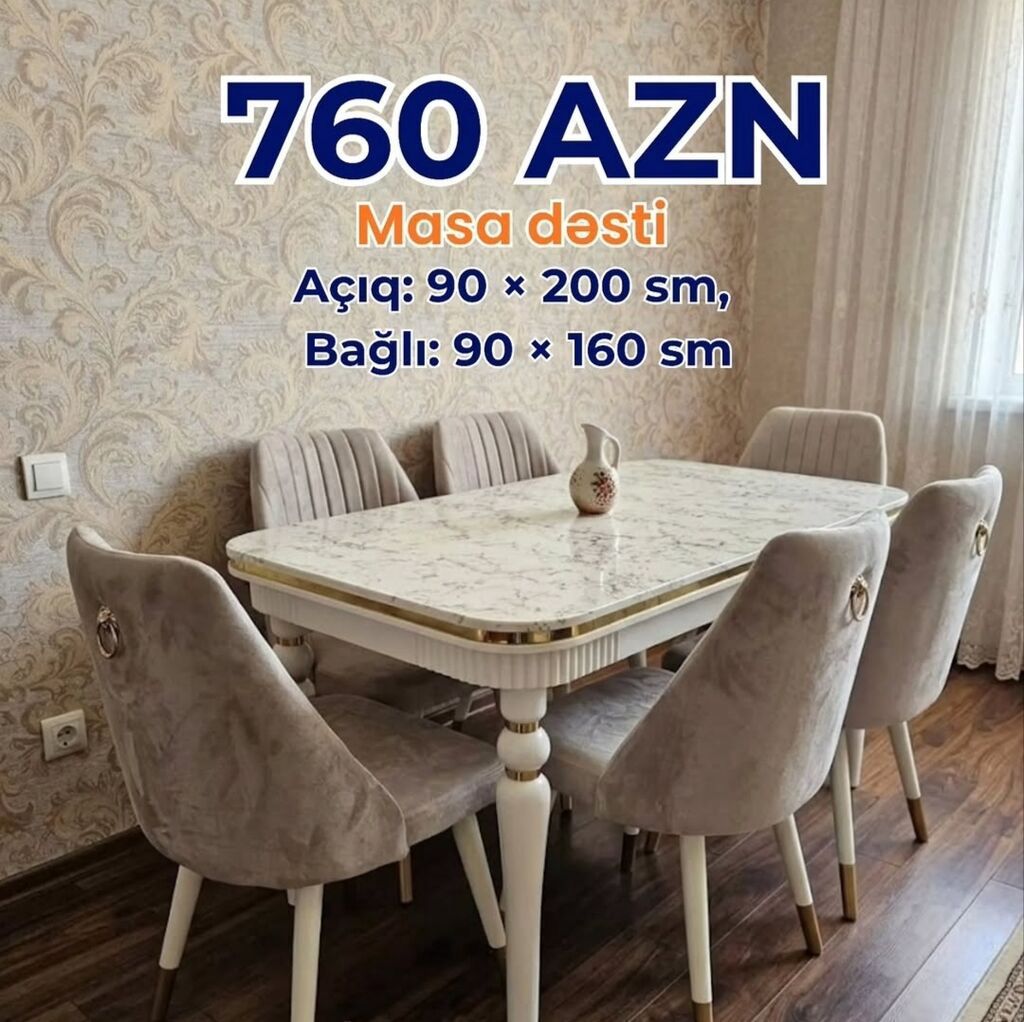 Qonaq otağı üçün, Yeni, Açılan, Dördbucaq masa, 6 stul