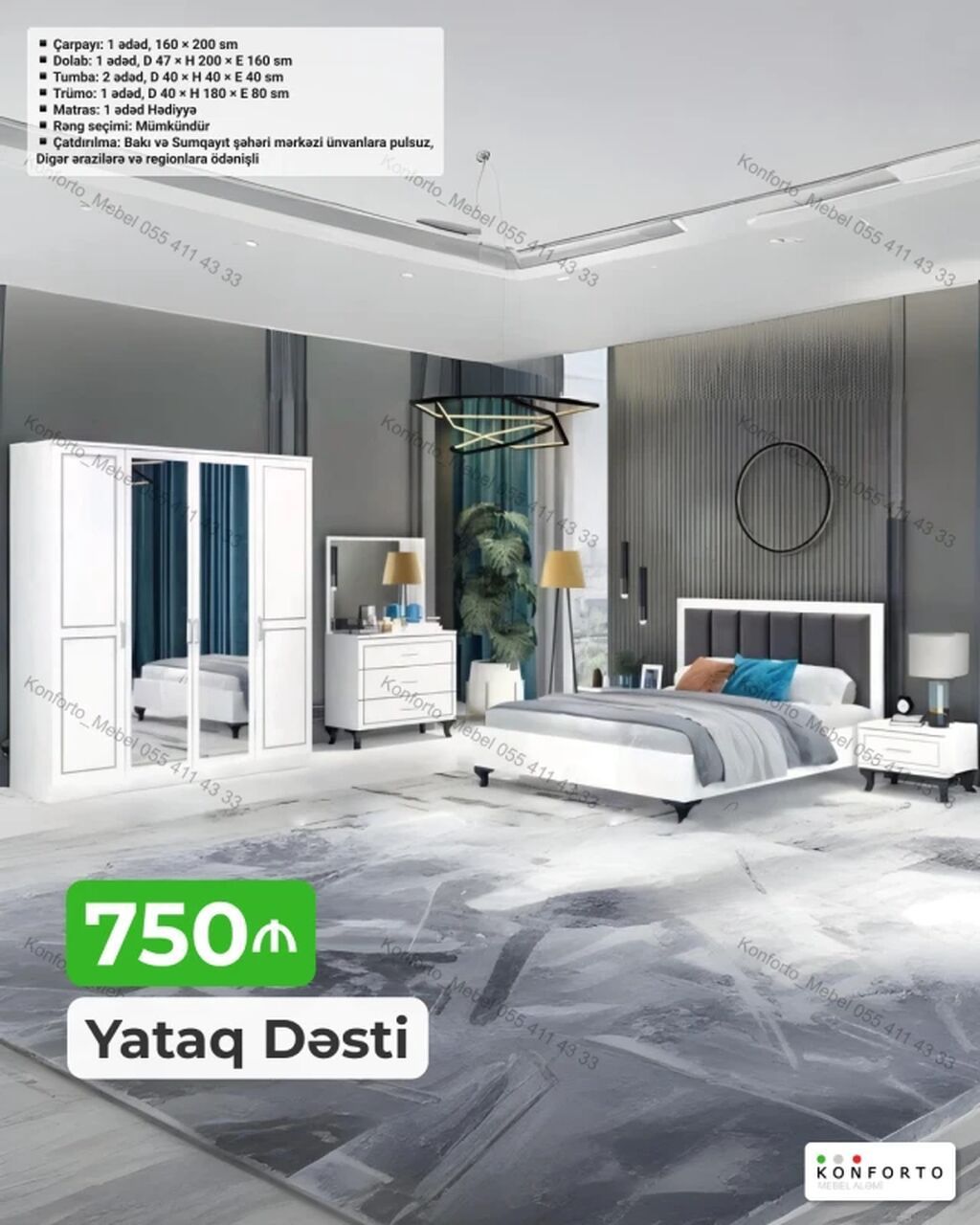 Yataq Dəsti – 750 Tərkibi və ölçülər: - Çarpayı: 1 ədəd, 160 × 200 sm