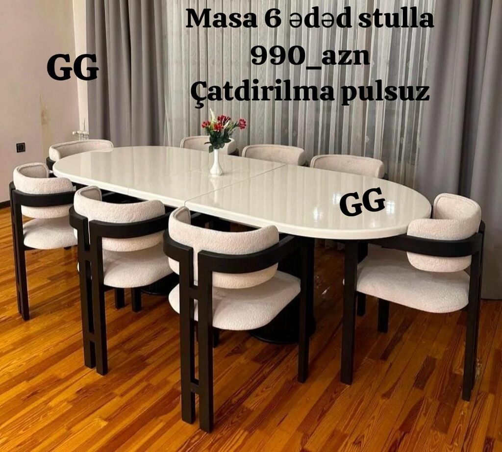 Yeni və Sifarişlə Masa 6 ədəd stul 990_azn Rəng seçimi var Çatdirilma — Mebel, Bakı
