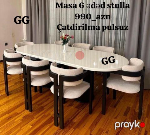 Yemək otağı dəsti – masa + 6 ədəd stul - Oval formalı, parlaq ağ — Bakı
