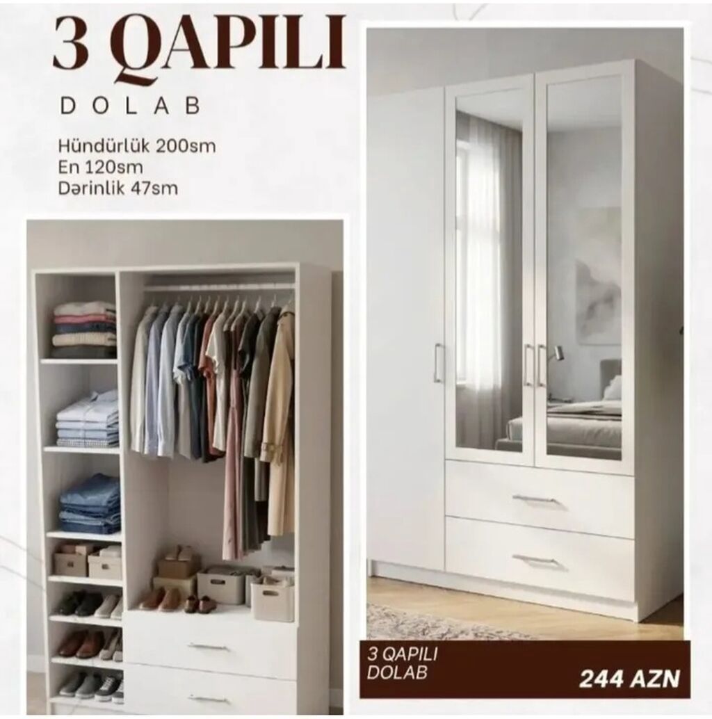 3 qapılı dolab Ölçülər: - Hündürlük: 200 sm - En: 120 sm - Dərinlik