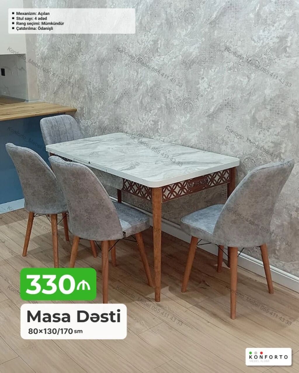Masa Dəsti – 80×130/170 sm - Mexanizm: açılan (uzadıla bilən) - Masa — Mebel, Bakı