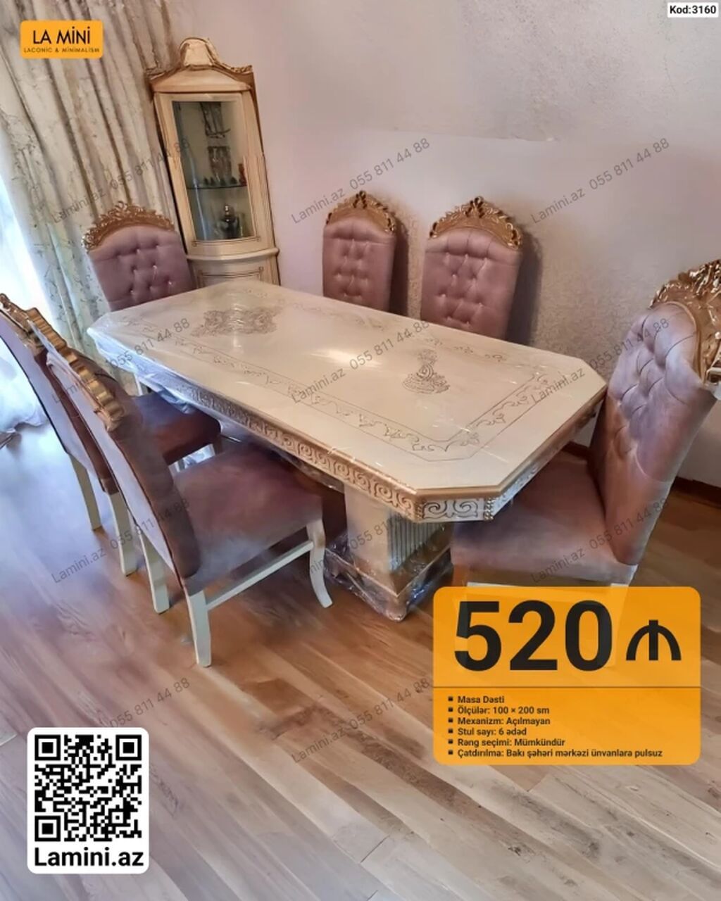 Klassik üslubda masa dəsti - Dəst: Masa + 6 ədəd stul - Ölçülər: 100 — Mebel, Bakı