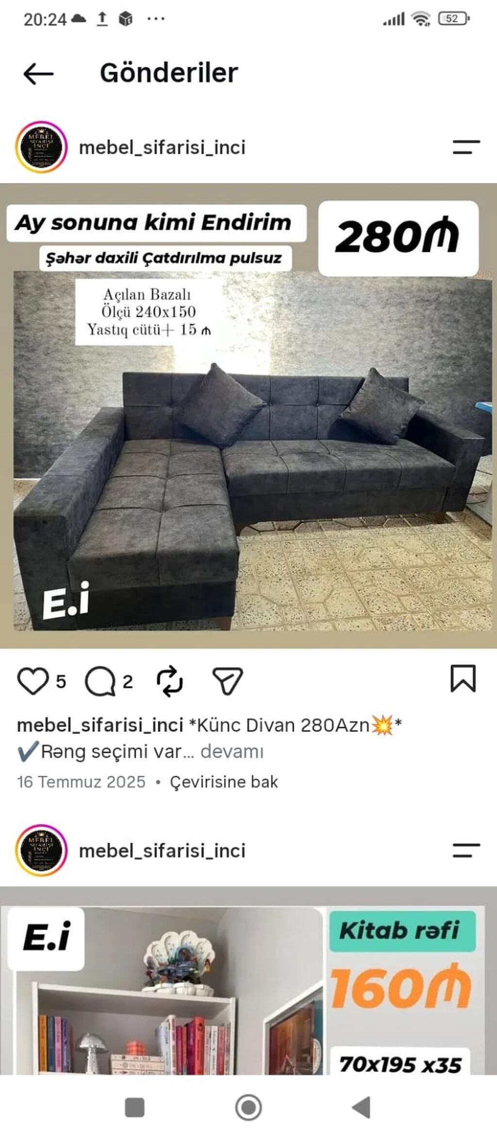 Künc divan – açılan bazalı model - Ölçü: 240 x 150 sm - Rəng seçimi