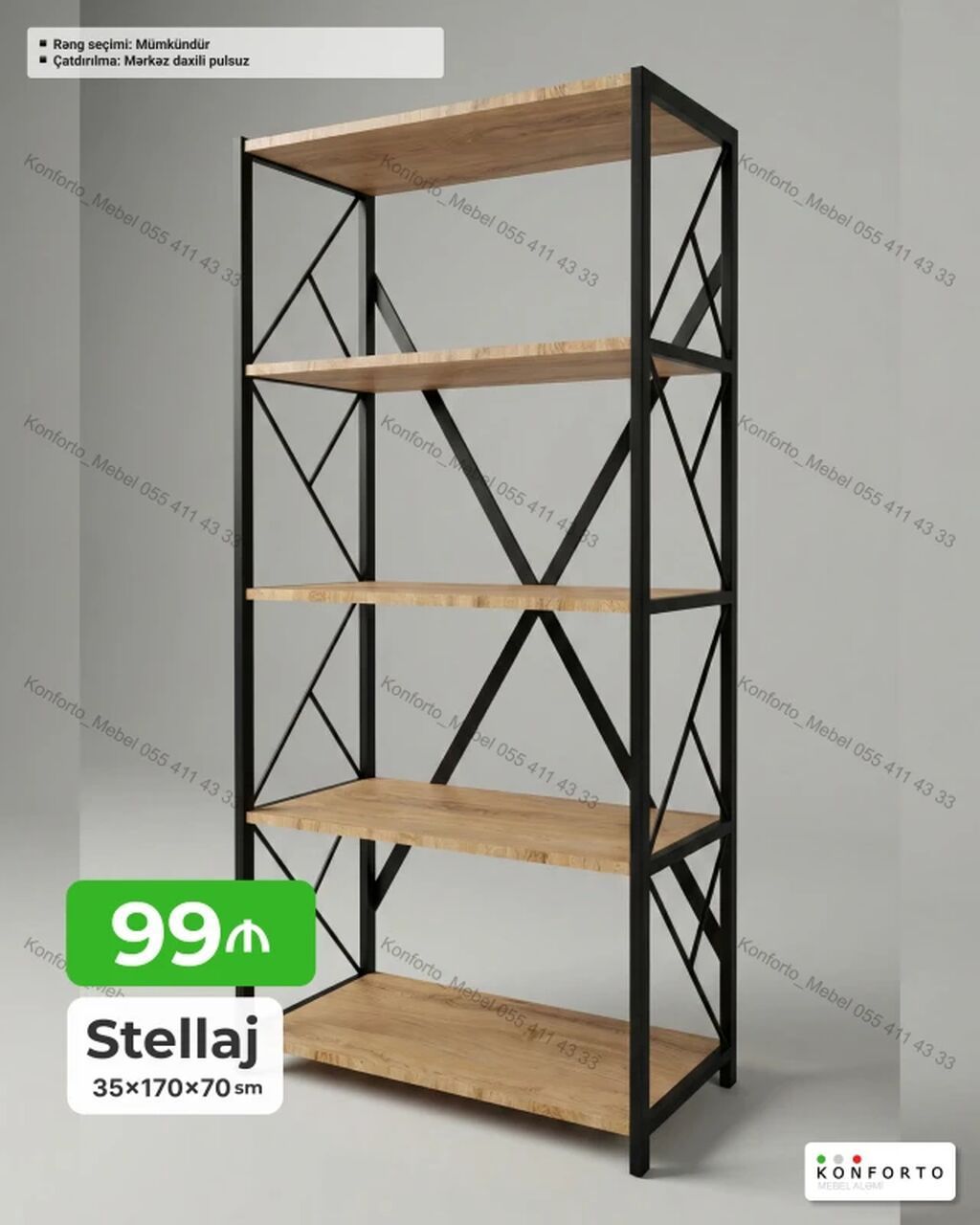 Sənaye üslubunda stellaj raf sistemi - Ölçü: 35 × 170 × 70 sm - — Mebel, Bakı