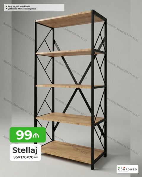 Sənaye üslubunda stellaj raf sistemi - Ölçü: 35 × 170 × 70 sm -