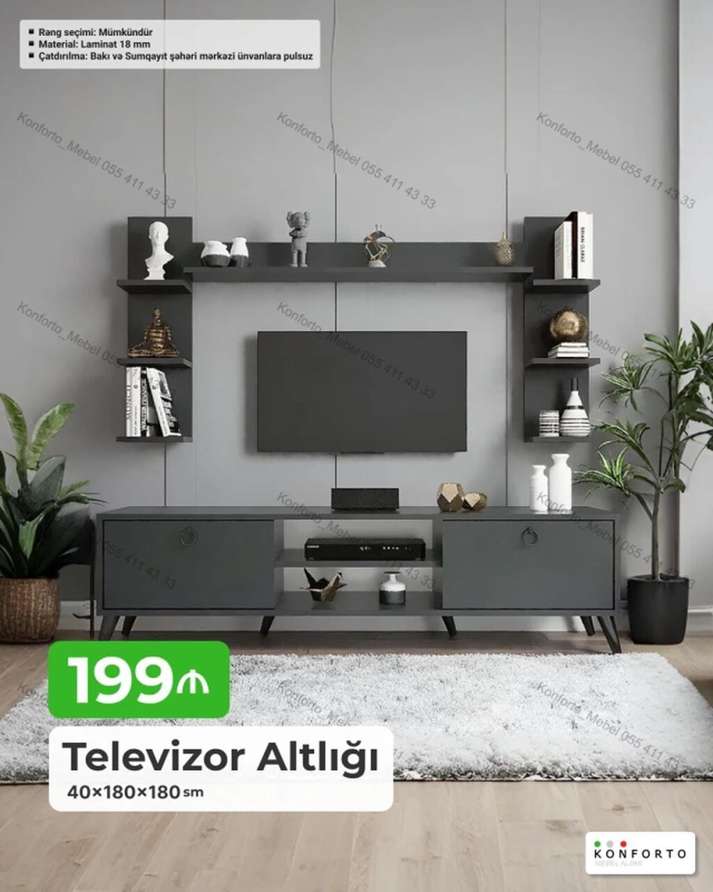 Televizor altlığı və divar rəf dəsti 40×180×180 sm