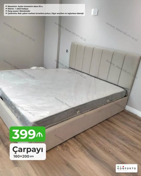 Məhsul: Çarpayı Ölçü: 160×200 sm Təsvir: - Yumşaq başlıqla, müasir