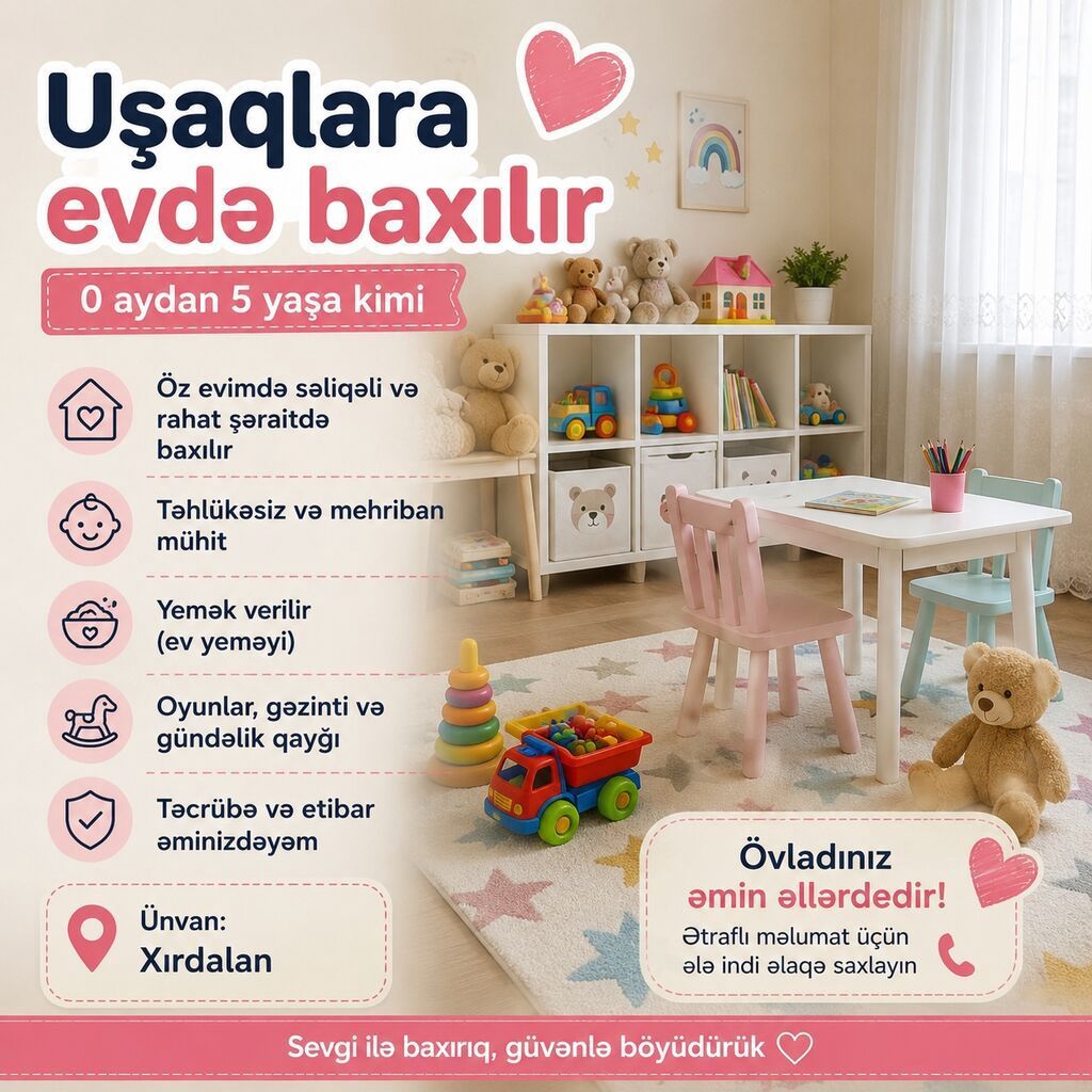 Uşaqlara evdə baxılır – 0 aydan 5 yaşa kimi - Öz evimdə səliqəli və — Xidmətlər, Xırdalan (2)