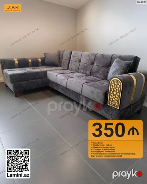 Künc Divan – Kod: 2237 - Ölçülər: 260 160 sm - Mexanizm: Açılan — Bakı