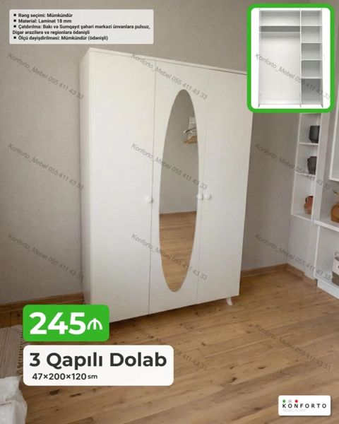 3 qapılı paltar dolabı – 47×200×120 sm - Rəng seçimi: mümkündür - — Konforto Mebel — Şkaflar