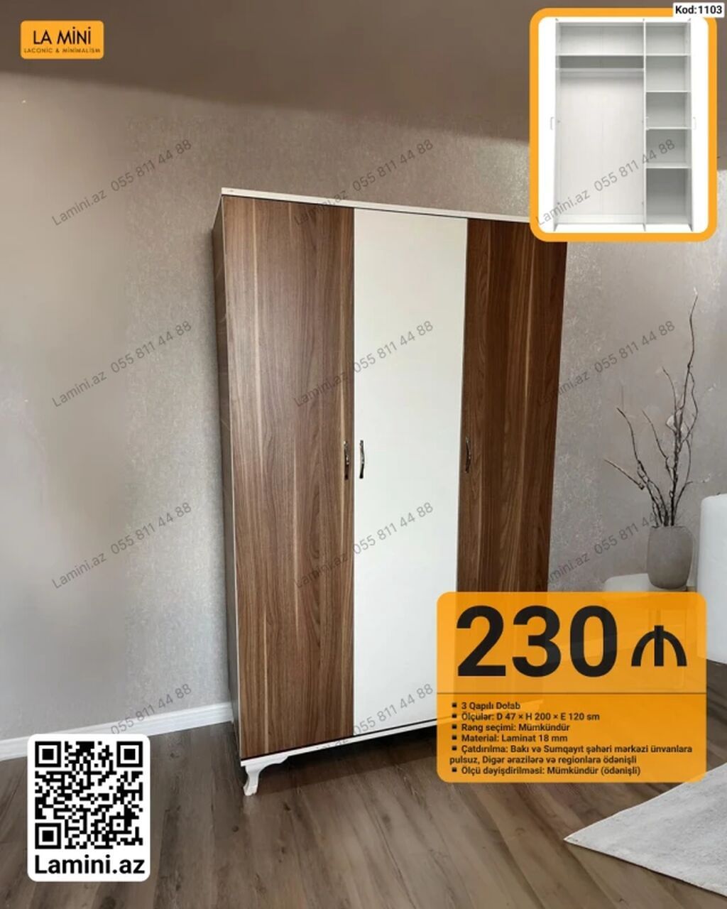 3 qapılı dolab – Kod: 1103 - Ölçülər: 47 x 200 x 120 sm - Material