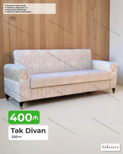 Tək divan – 220 sm • Mexanizm: açılan, bazalı (yataq funksiyası və alt — Konforto Mebel — Divanlar