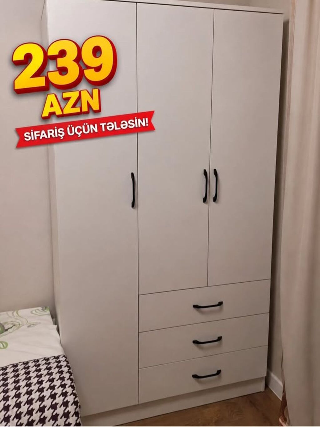 Üç qapılı geyim dolabı - Rəng: açıq boz - Dizayn: 3 qapı + 3 dərin