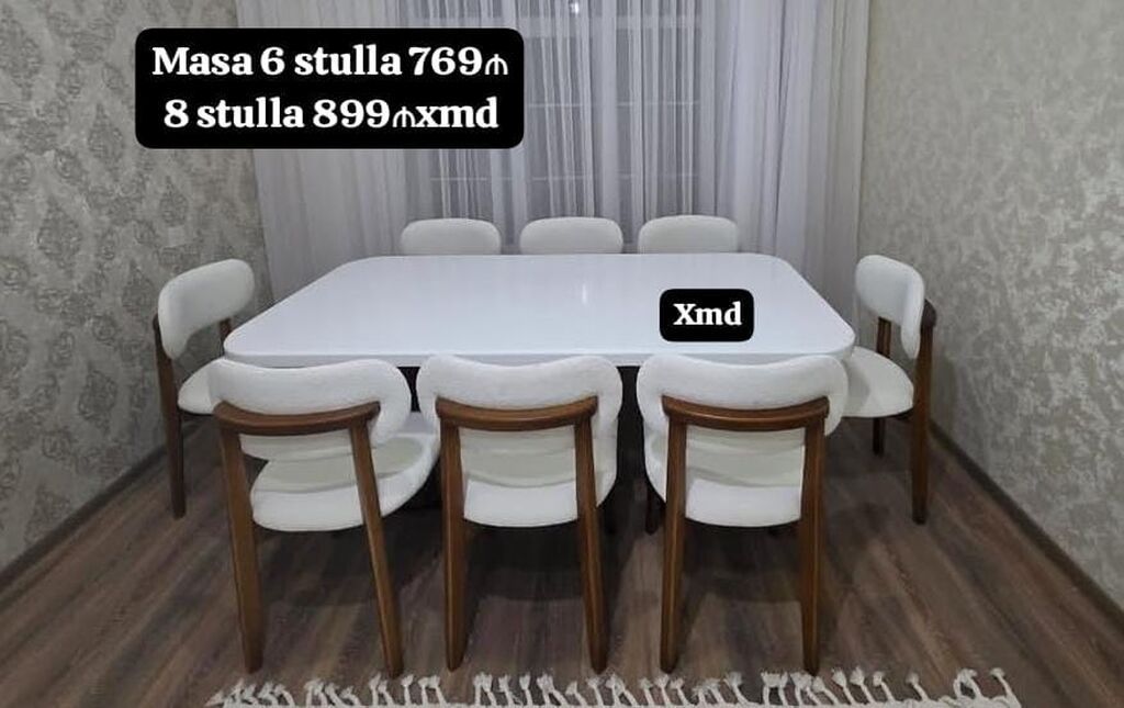 Ağ rəngli, modern üslubda yemək otağı dəsti. Dəst kvadrat-küncləri — Mebel, Xırdalan