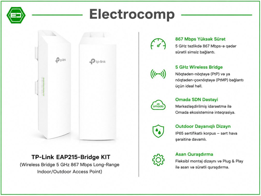 TP-Link EAP215-Bridge KIT (Wireless Bridge 5 GHz 867 Mbps Long-Range Indoor/Outdoor Access Point) — Şəbəkə və server avadanlığı, Bakı
