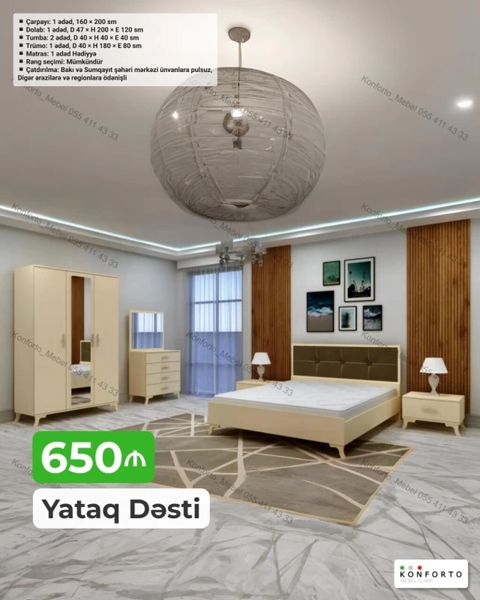 Yataq Dəsti – 650 ₼ Komplekt tərkibi və ölçülər: - Çarpayı: 1 ədəd