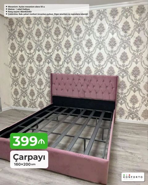 Çarpayı 160×200 sm — yumşaq kapitonajlı başlıq