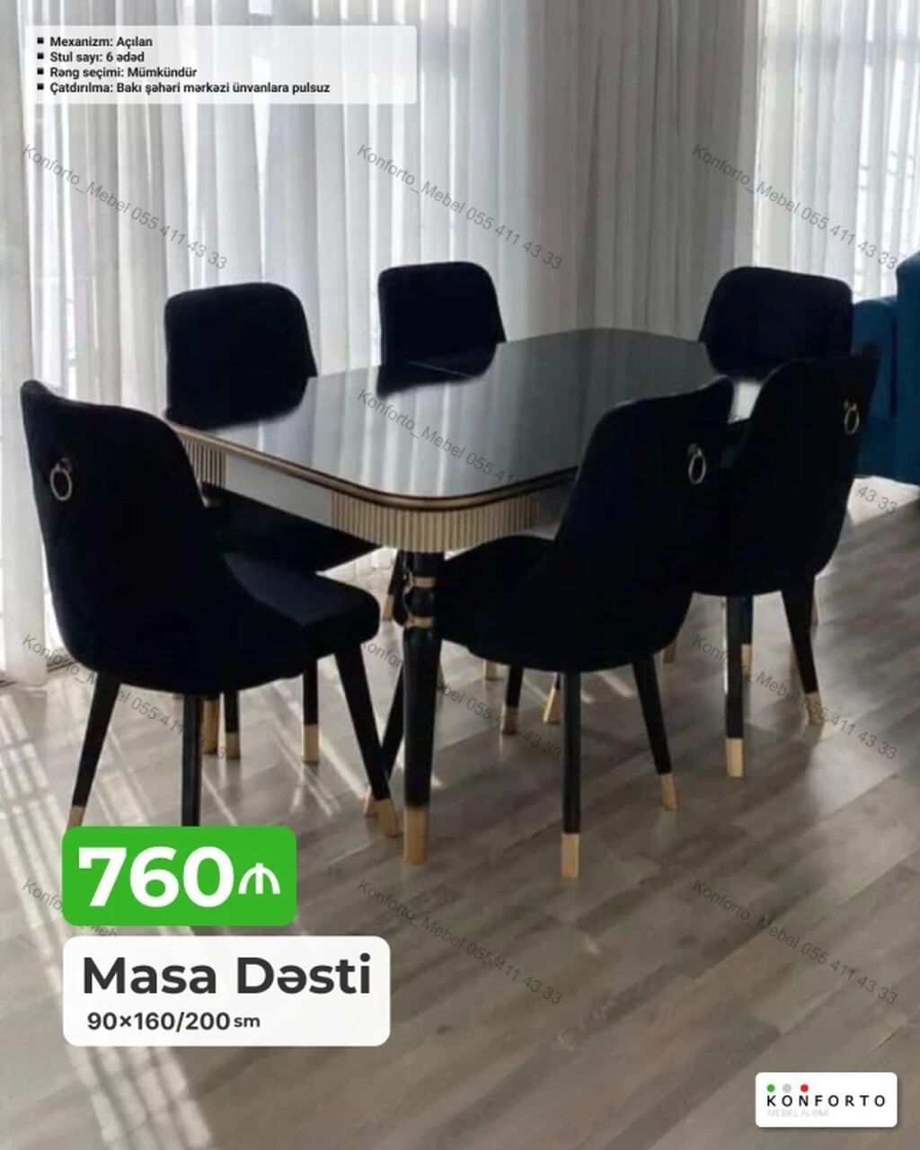 Masa Dəsti – 6 stullu, açılan mekanizmli - Ölçü: 90×160/200 sm (masa