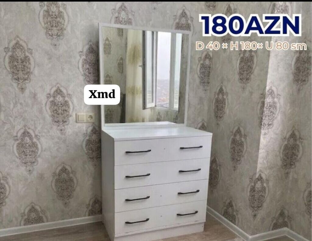 Ağ rəngli güzgülü komod/drezuar - Üst hissədə iri düzbucaqlı güzgü -