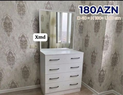Ağ rəngli güzgülü komod/drezuar - Üst hissədə iri düzbucaqlı güzgü - — Xırdalan