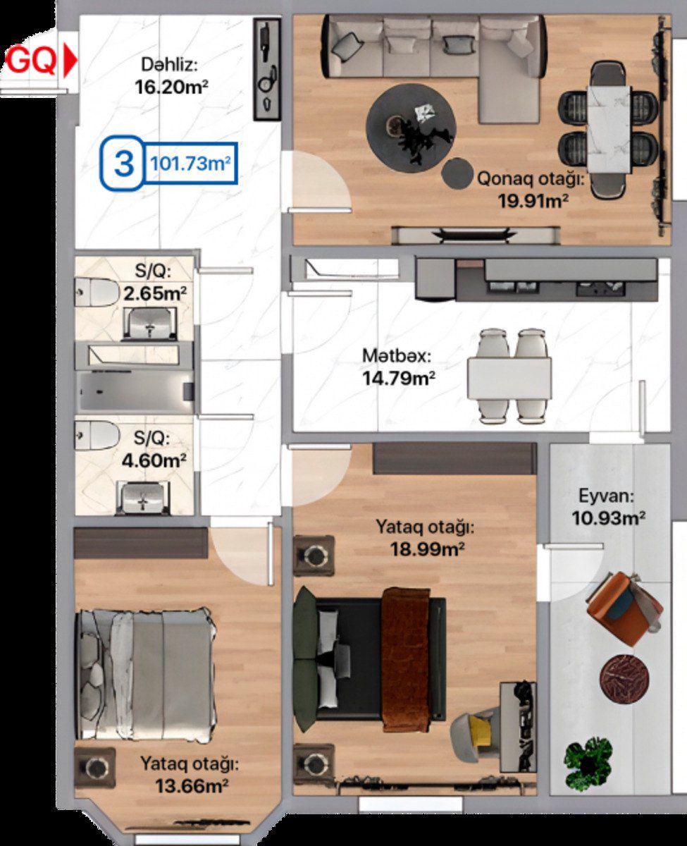 3-otaqlı yeni tikili, Xırdalan ş., 102 m² — Mənzil, Xırdalan (2)