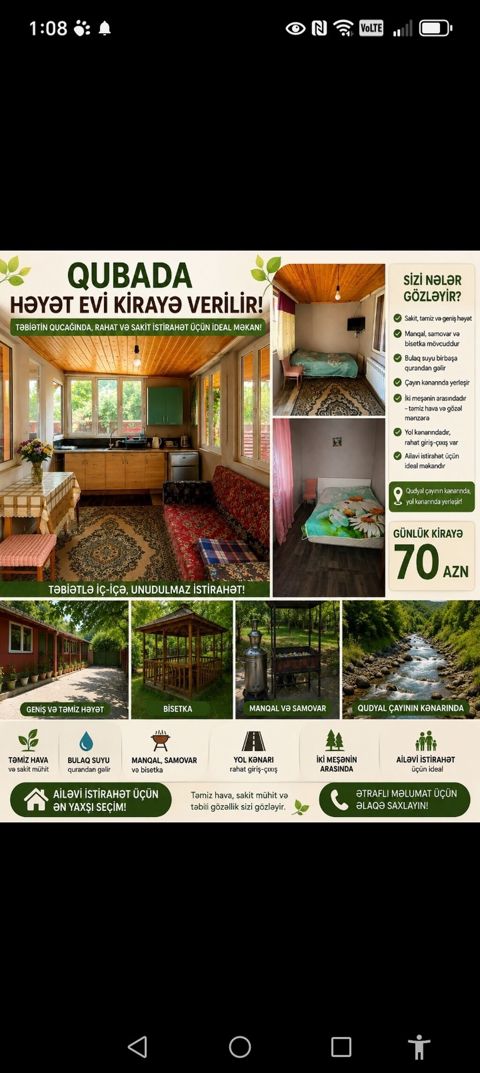 Qubada Qeçreşde həyət evi kirayə! Təbiyyətin qoynunda rahat və sakit