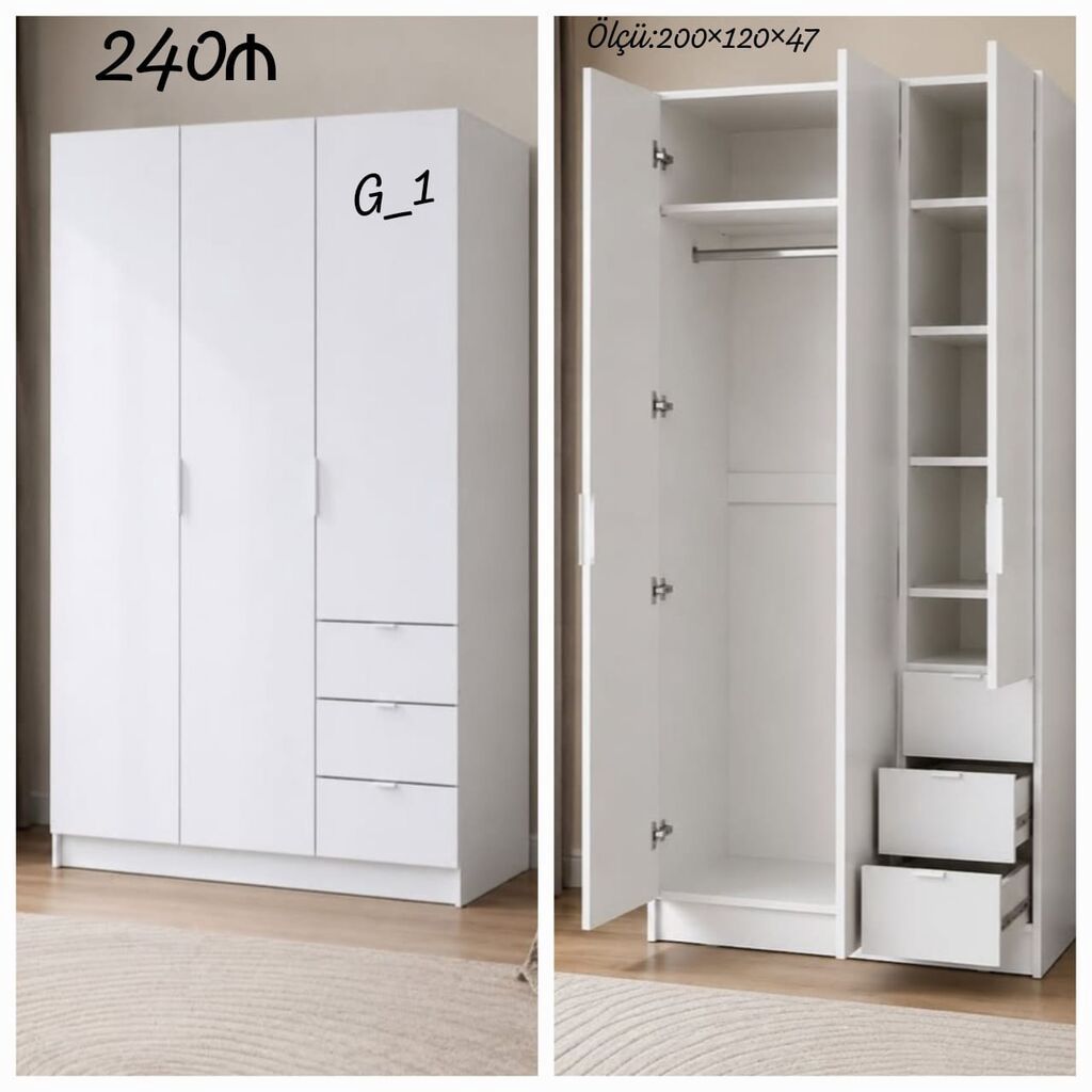 Ağ rəngli üç qapılı gardırob – model G_1 - Ölçü: 200×120×47 sm — Mebel, Bakı