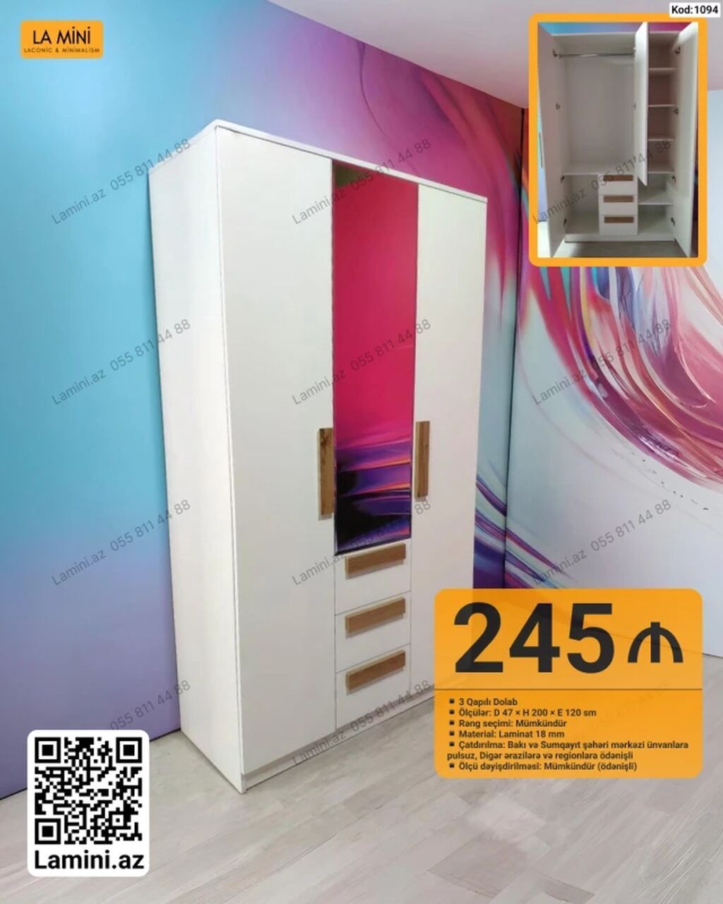 3 qapılı dolab – Kod: 1094 - Ölçülər: Dərinlik 47 sm × Hündürlük 200 — Mebel, Bakı