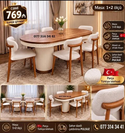 Müasir və zövqlü yemək otağı dəsti - Masa ölçüsü: 1×2 m, oval üst