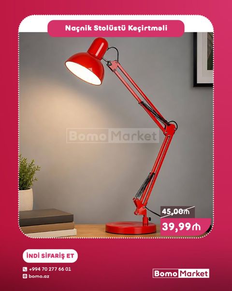 Naçnik stolüstü keçirilməli lampa - Rəng: qırmızı - Tənzimlənən qol — Bakı