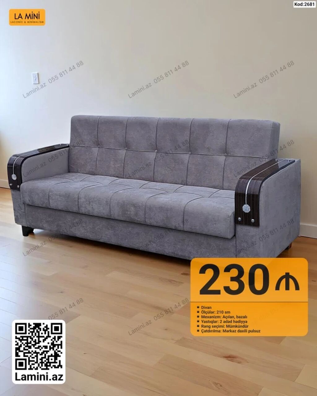 Məhsul: Divan (Kod: 2681) - Ölçü: 210 sm - Mexanizm: Açılan, bazalı — Mebel, Bakı