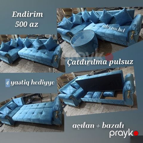 Mavi rəngdə L‑şəkilli yumşaq künc divan dəsti - Açılan mexanizm — Bakı