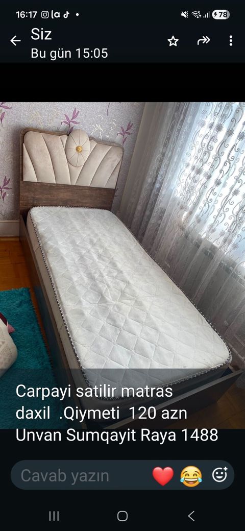 Tək nəfərlik çarpayı – matras daxildir. - Başlıq: yumşaq döşəməli — Sumqayıt