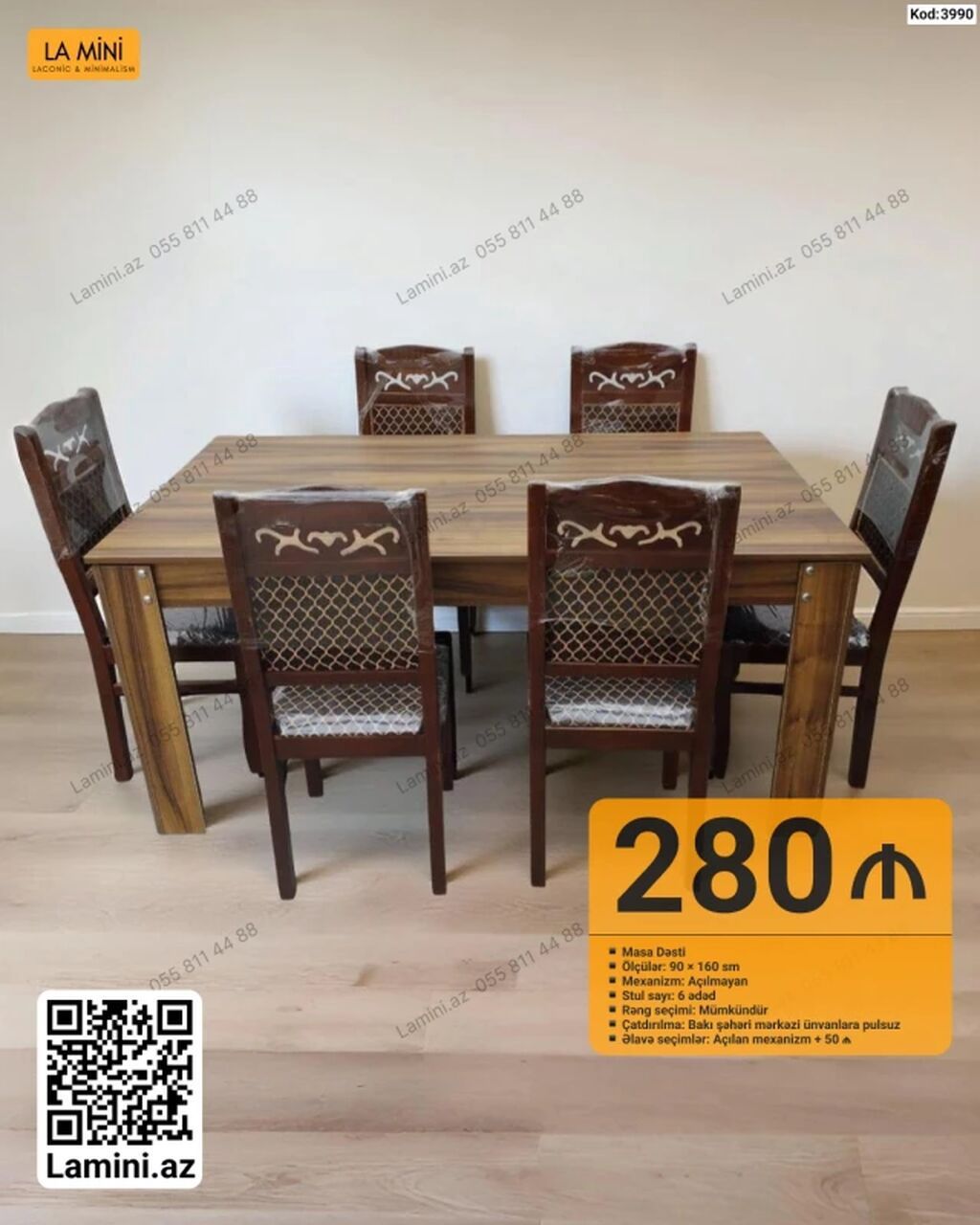 Masa dəsti – Kod: 3990 • Komplekt: 1 masa + 6 stul • Ölçülər — Mebel, Bakı