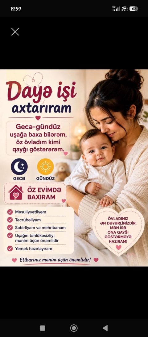 Uşağa baxıcı xidməti ünvan Xırdalan - Gecə və gündüz rejimində uşağa