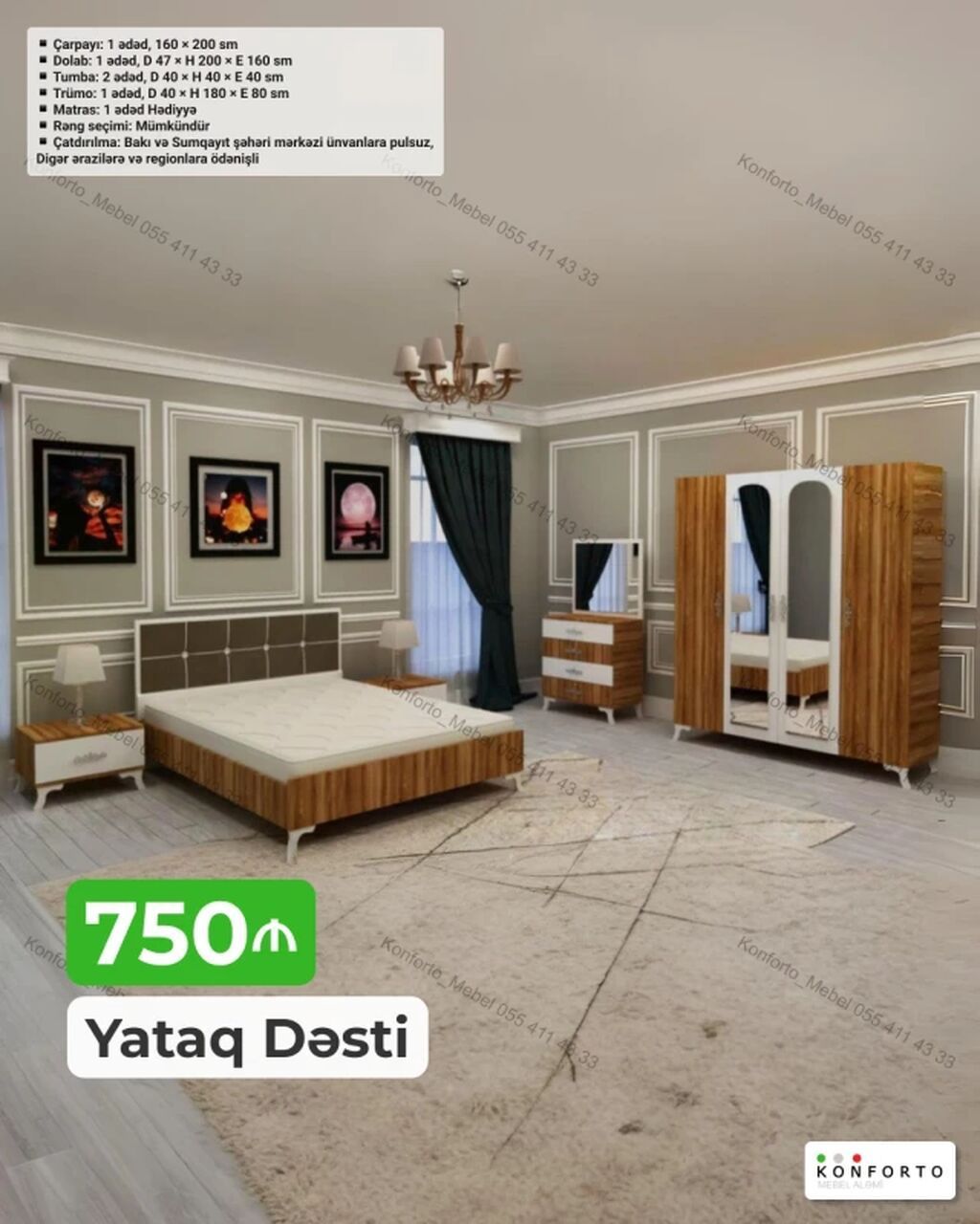Yataq Dəsti – 750 ₼ Komplektə daxildir: - Çarpayı: 1 ədəd, 160 × 200