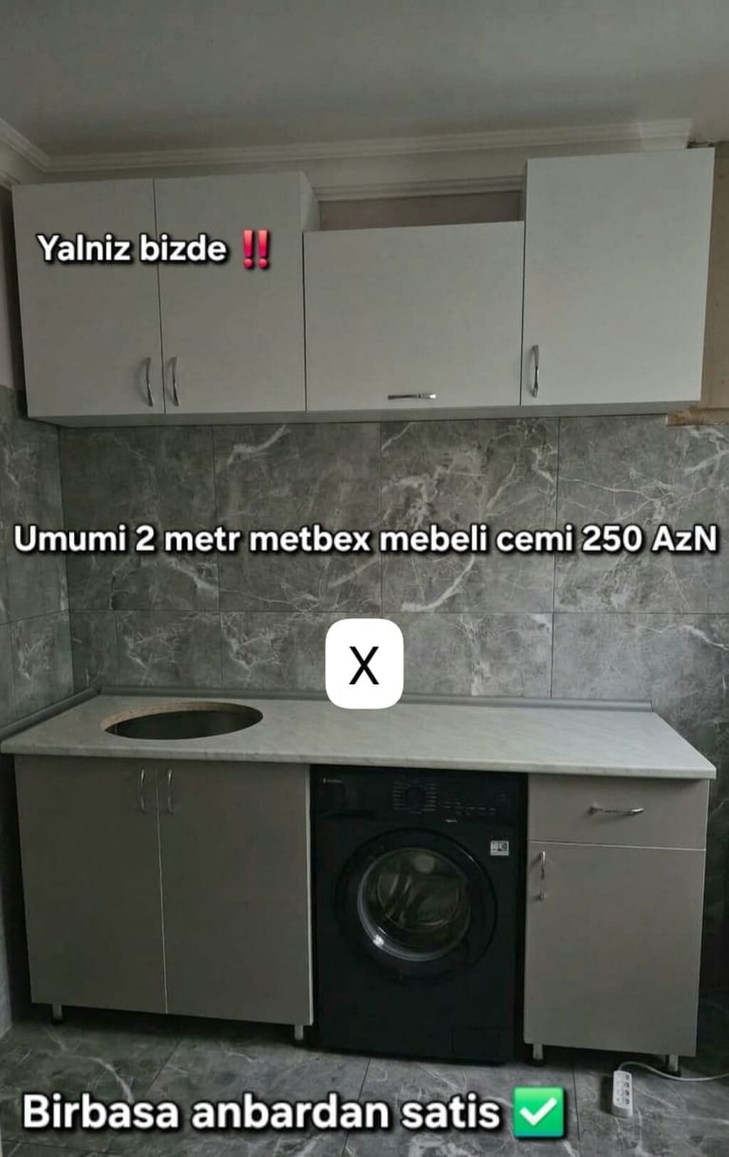 2 metr mətbəx mebeli dəsti - Üst dolablar: 3 bölmə, asma qapılar