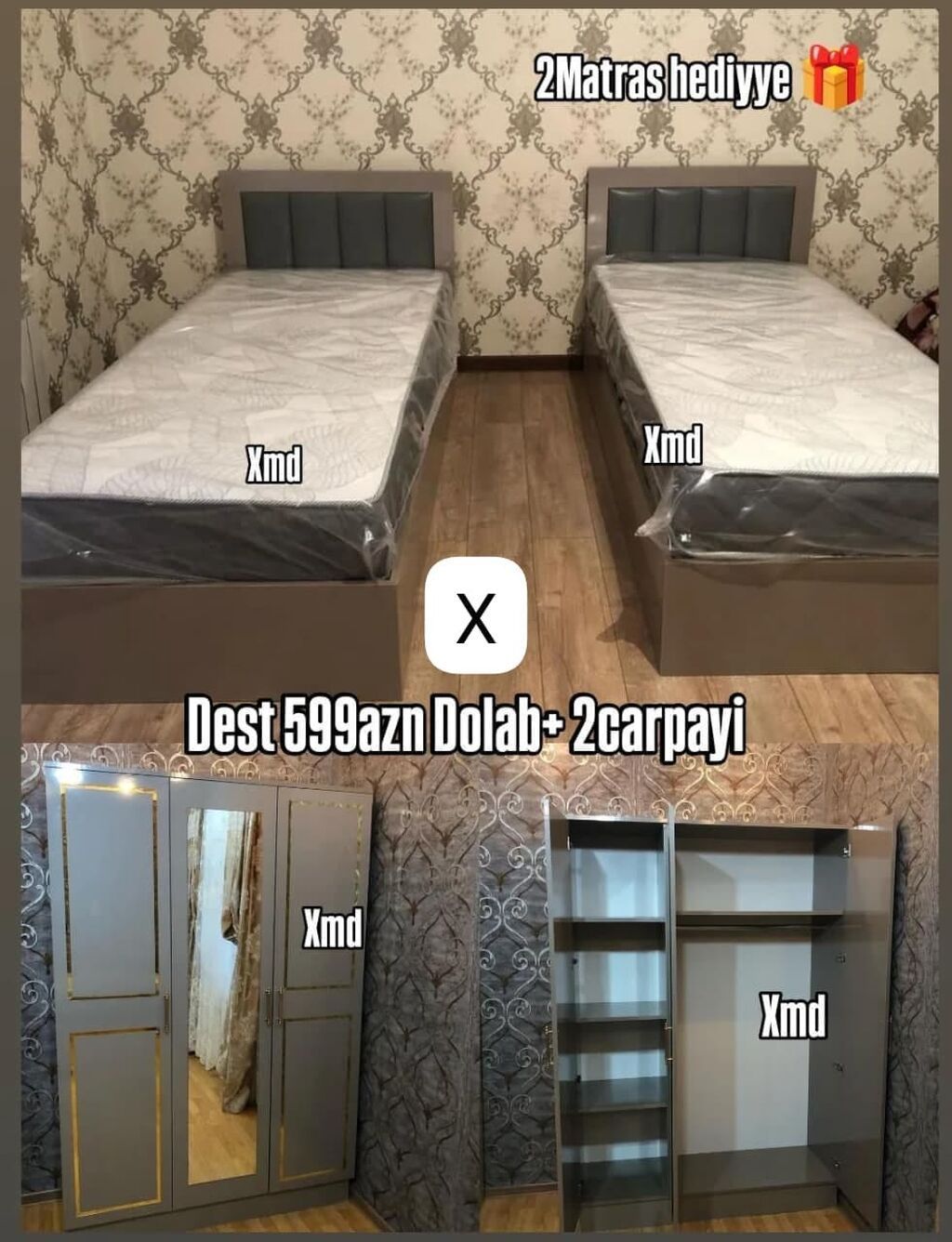 Yataq otağı dəsti Tərkib: - 2 ədəd tək çarpayı (başlıqlı, müasir — Mebel, Bakı